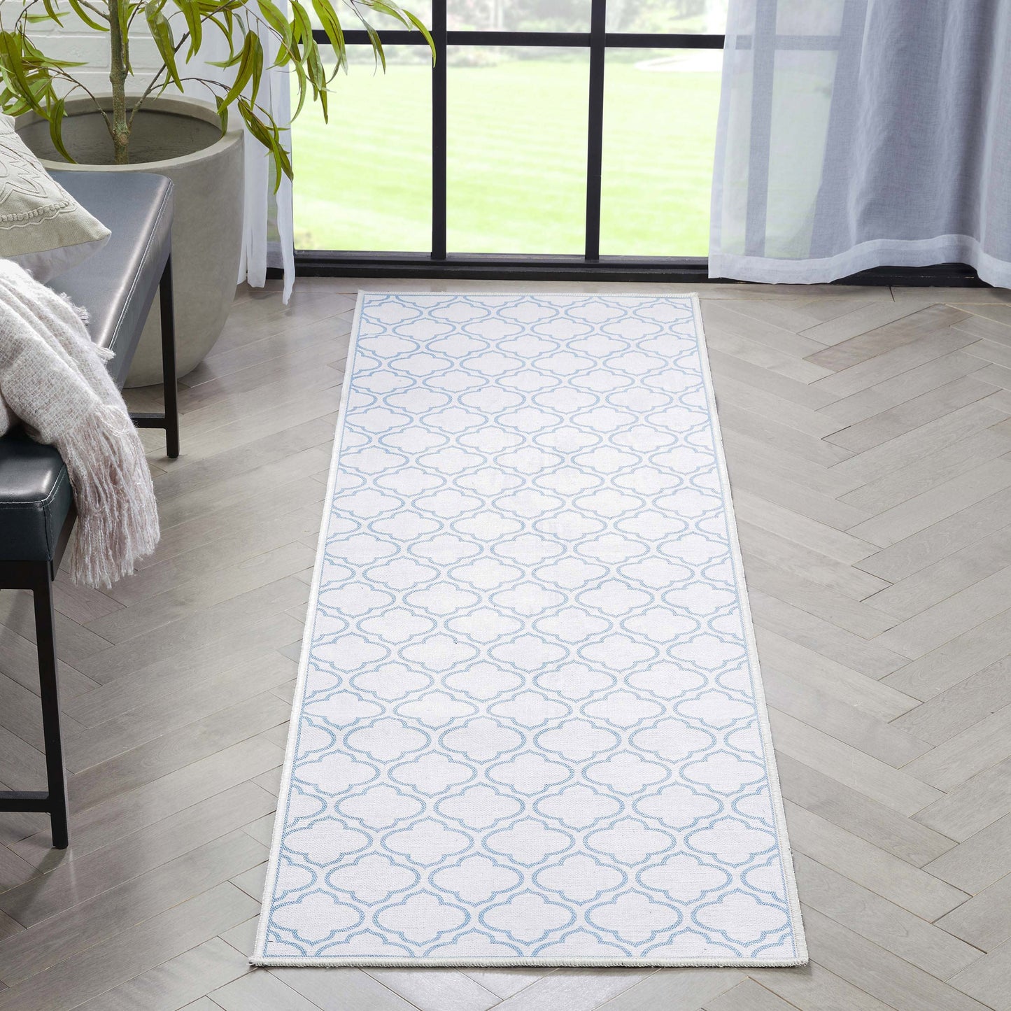 Lattice Moroccan Trellis Ivory Dark Blue Washable Rug W-MR-04F