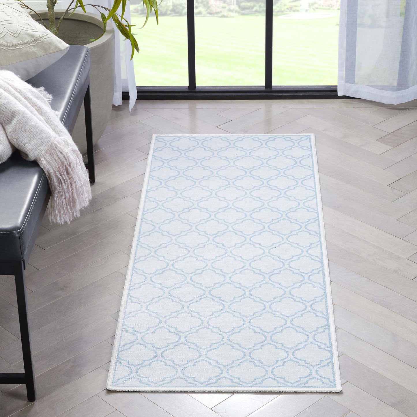 Lattice Moroccan Trellis Ivory Light Blue Washable Rug W-MR-04H