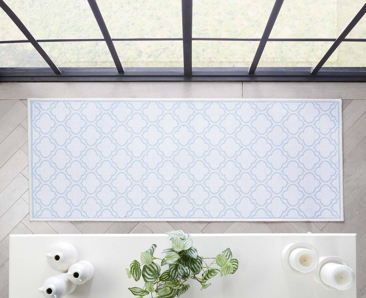 Lattice Moroccan Trellis Ivory Light Blue Washable Rug W-MR-04H