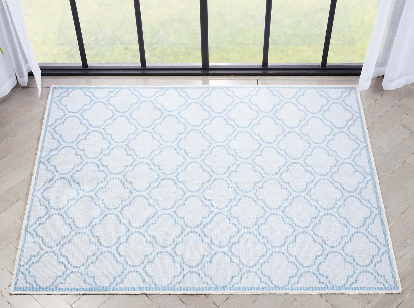Lattice Moroccan Trellis Ivory Light Blue Washable Rug W-MR-04H