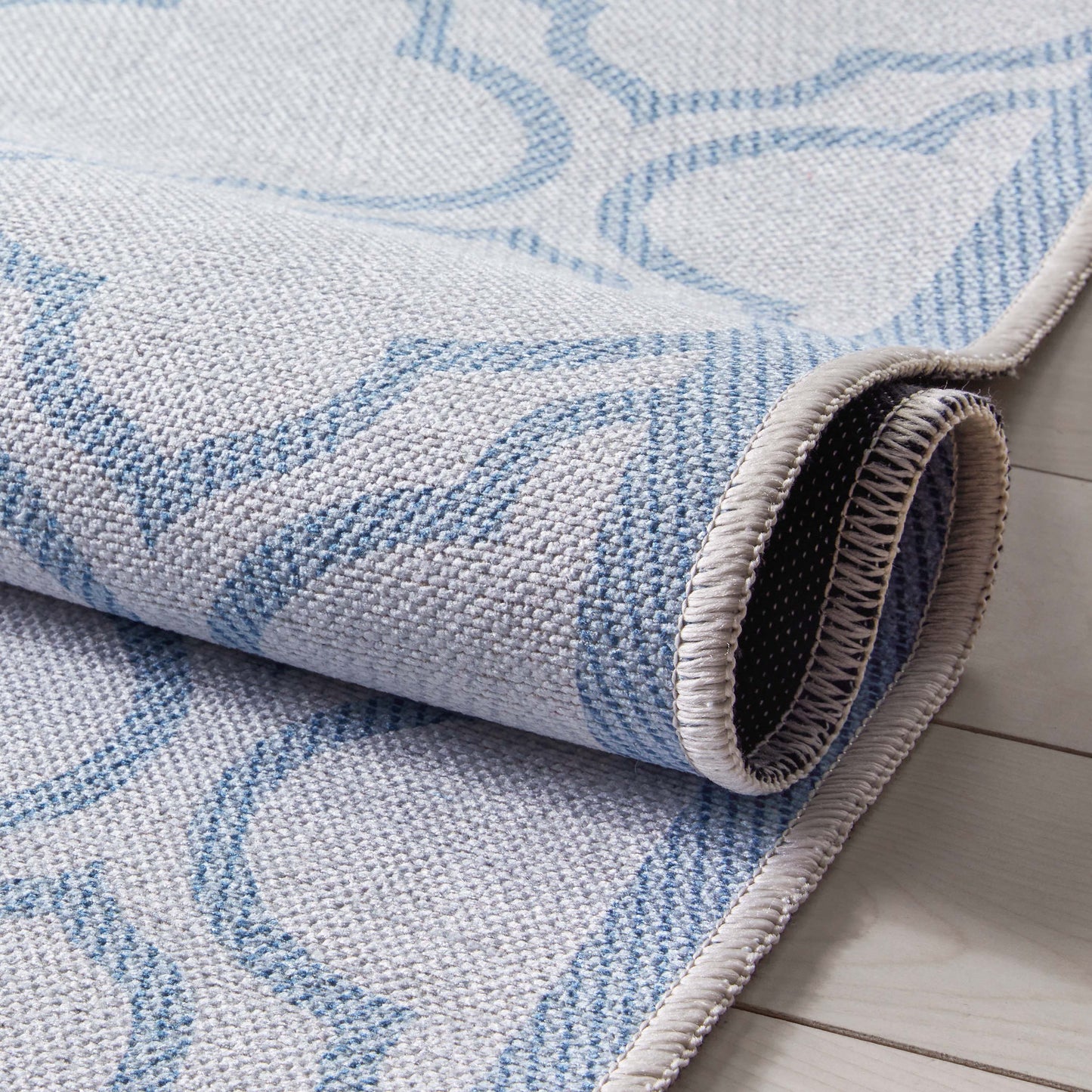 Lattice Moroccan Trellis Ivory Light Blue Washable Rug W-MR-04H
