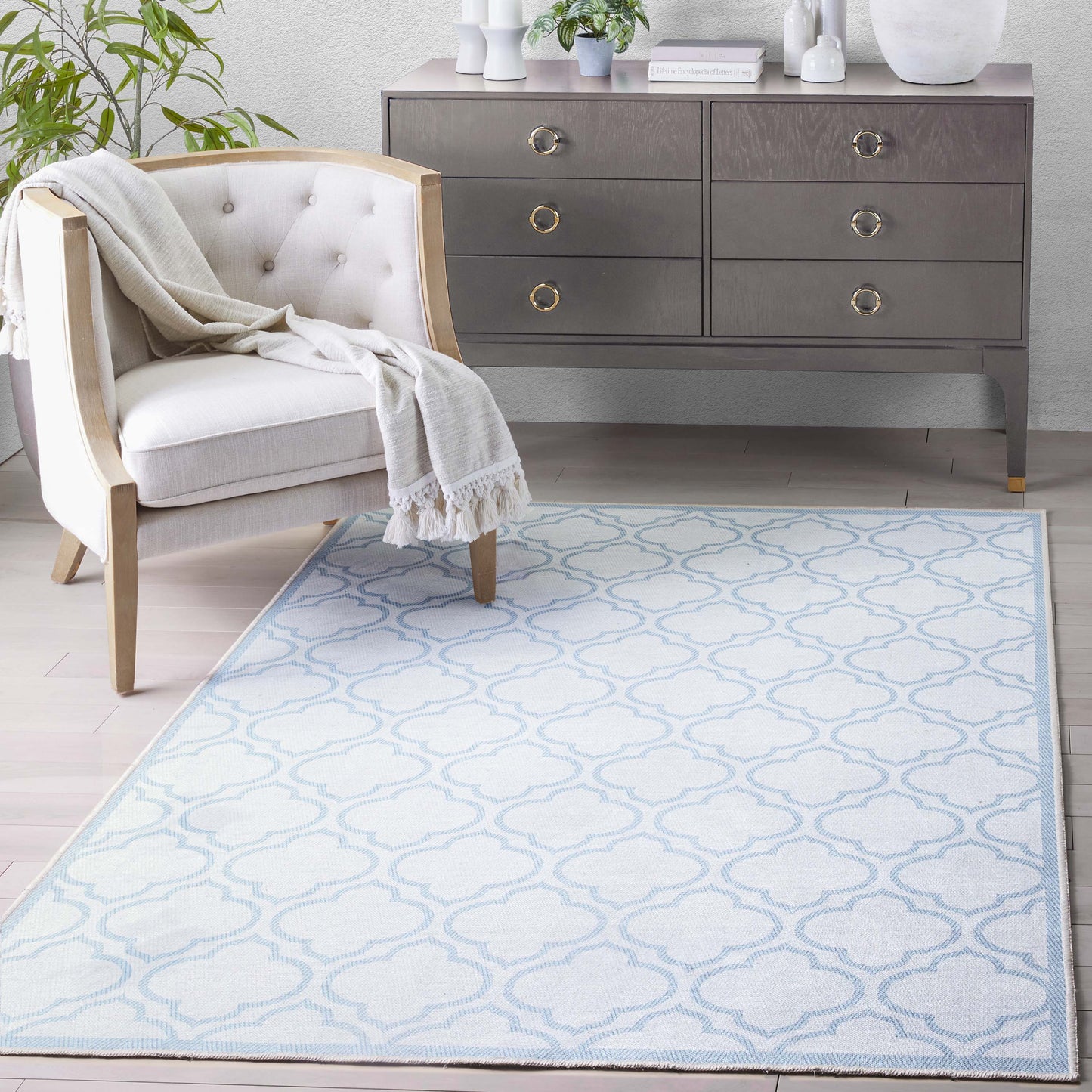 Lattice Moroccan Trellis Ivory Light Blue Washable Rug W-MR-04H
