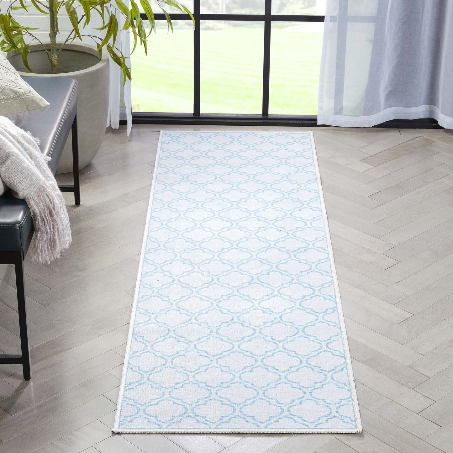 Lattice Moroccan Trellis Ivory Light Blue Washable Rug W-MR-04H