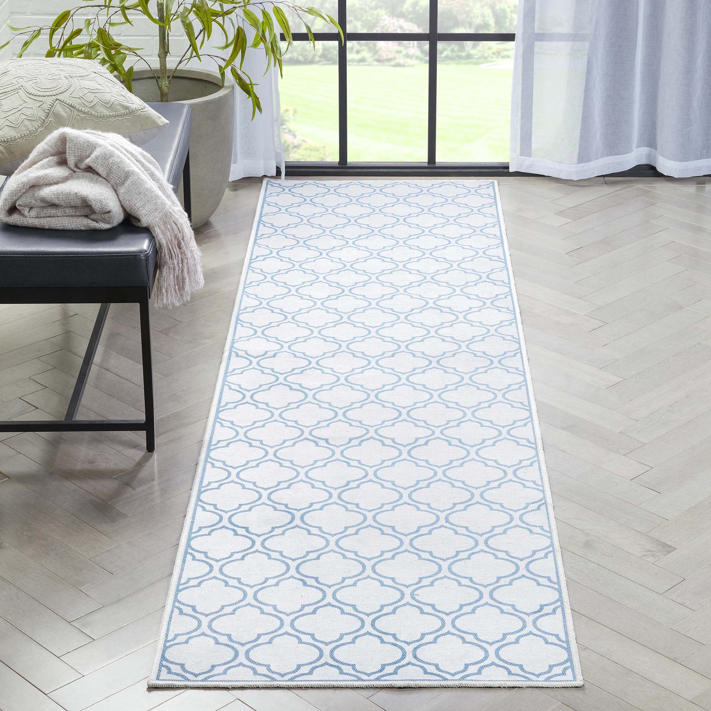 Lattice Moroccan Trellis Ivory Light Blue Washable Rug W-MR-04H