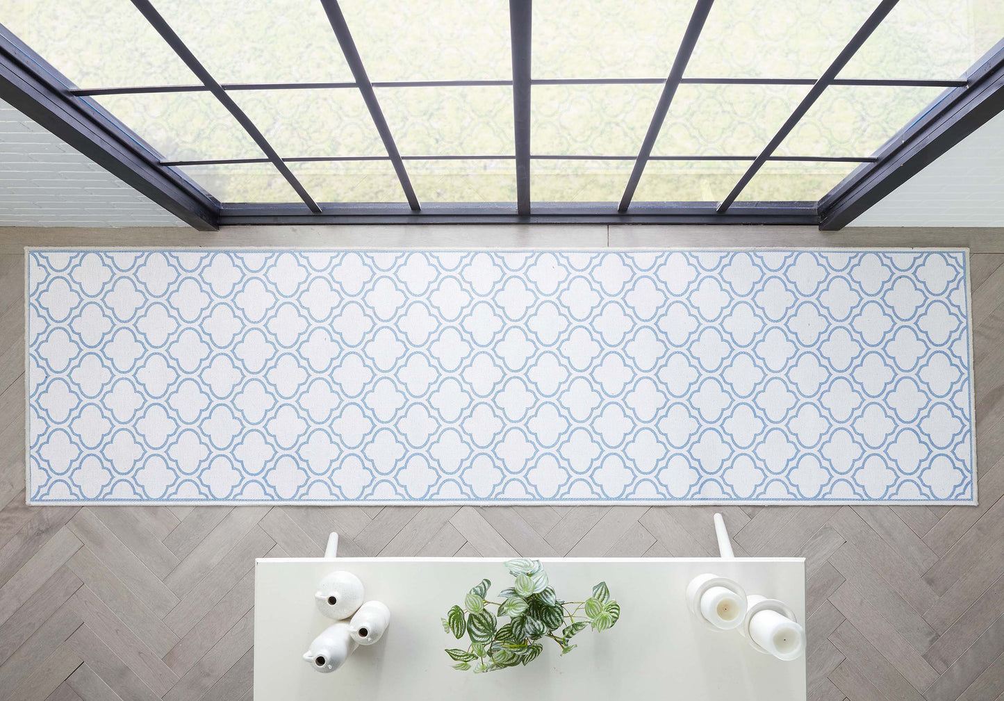 Lattice Moroccan Trellis Ivory Light Blue Washable Rug W-MR-04H