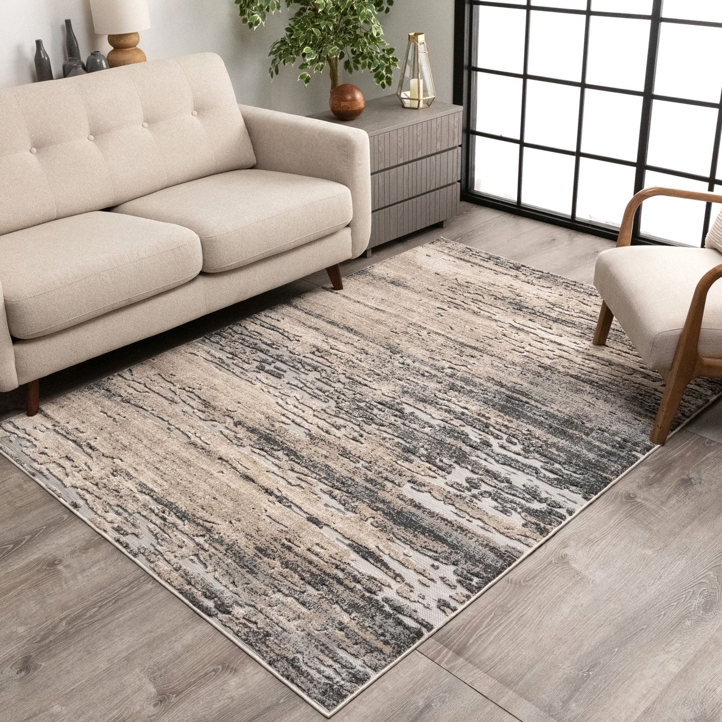 Twilight Abstract Distressed Beige Grey Flatweave High-Low Rug WIL-27