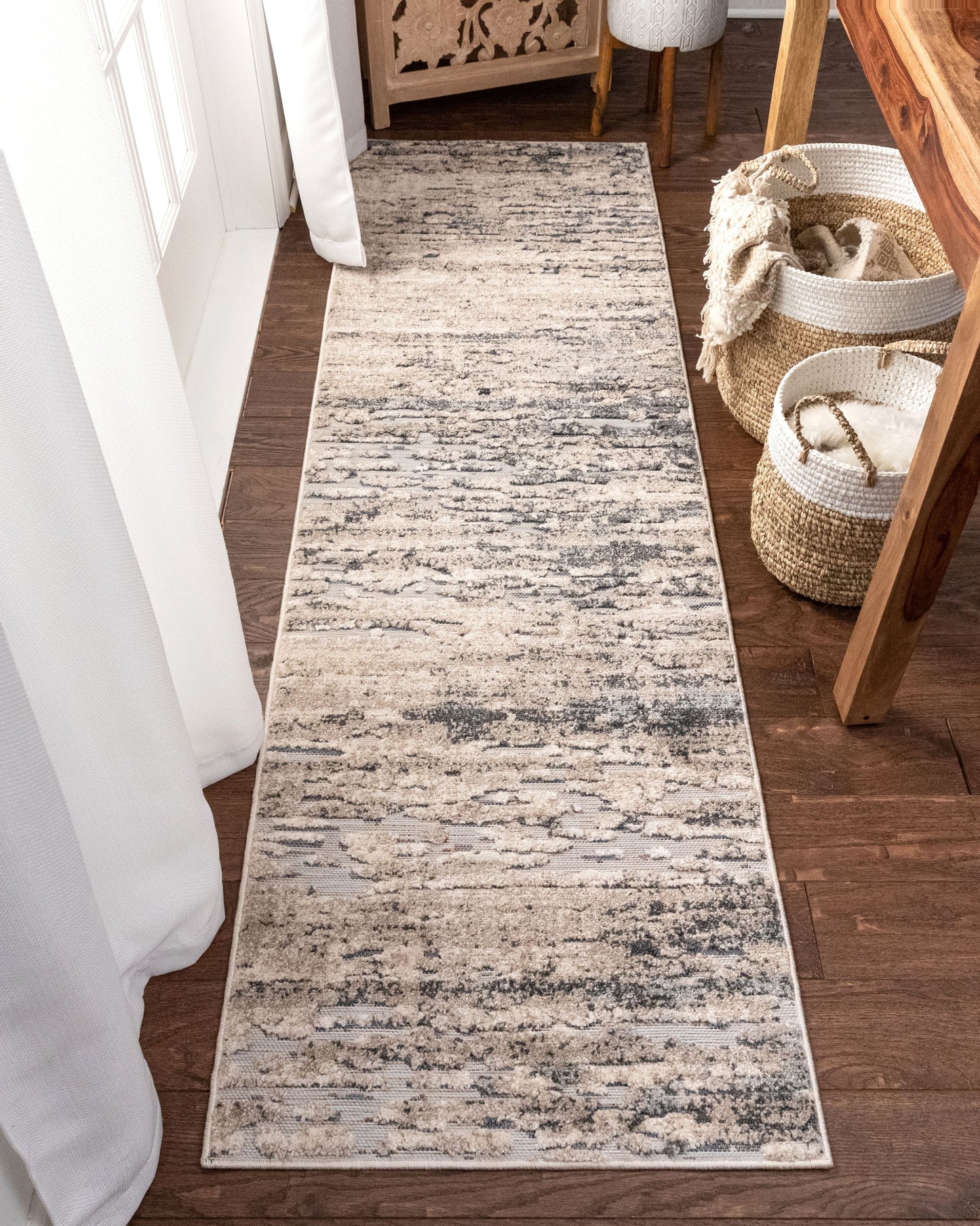 Twilight Abstract Distressed Beige Grey Flatweave High-Low Rug WIL-27
