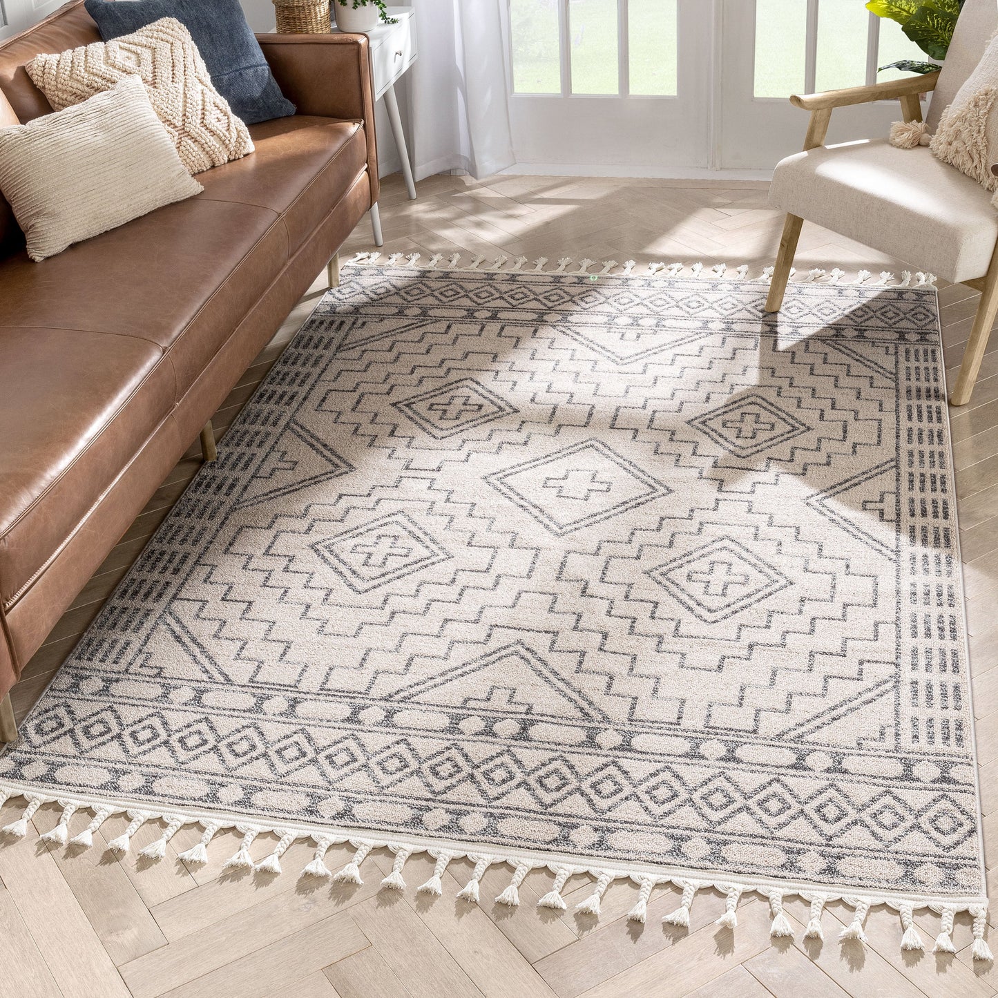 Zafer Tribal Geometric Pattern Ivory Kilim-Style RugLDL-212