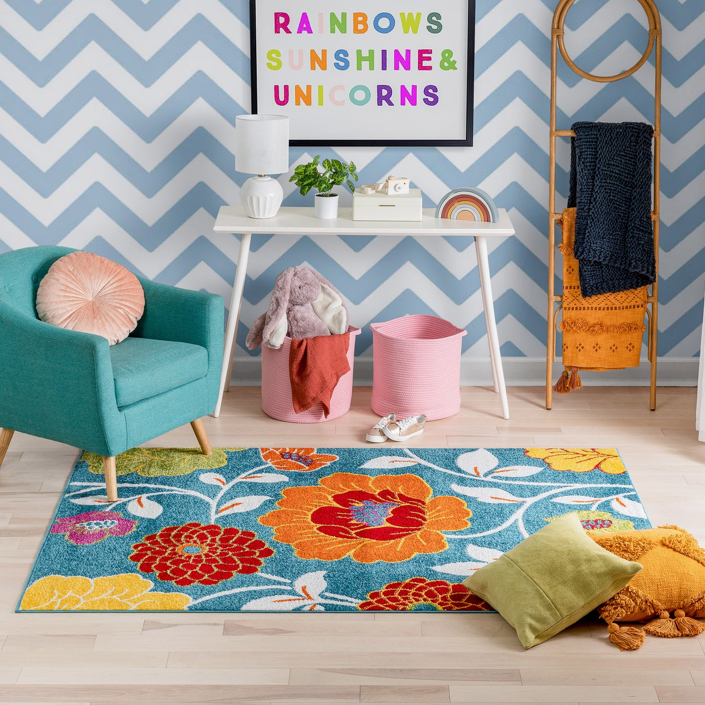 Starbright Daisy Flowers Blue Kids Rug 0926
