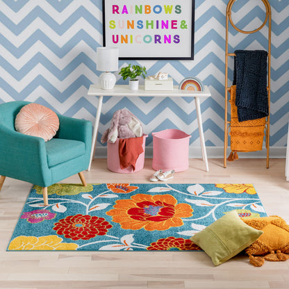 Starbright Daisy Flowers Blue Kids Rug 0926