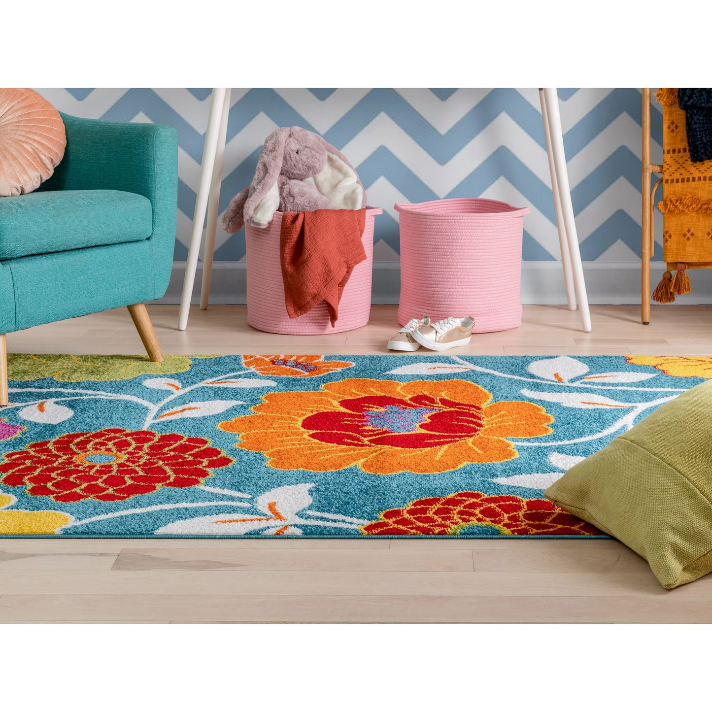 Starbright Daisy Flowers Blue Kids Rug 0926