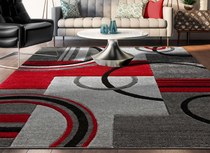 Galaxy Waves Grey Red Modern Geometric Rug 60010