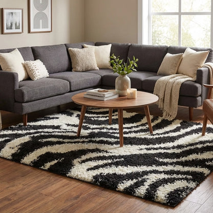 Safari Zebra Black Contemporary Shag Rug 7033