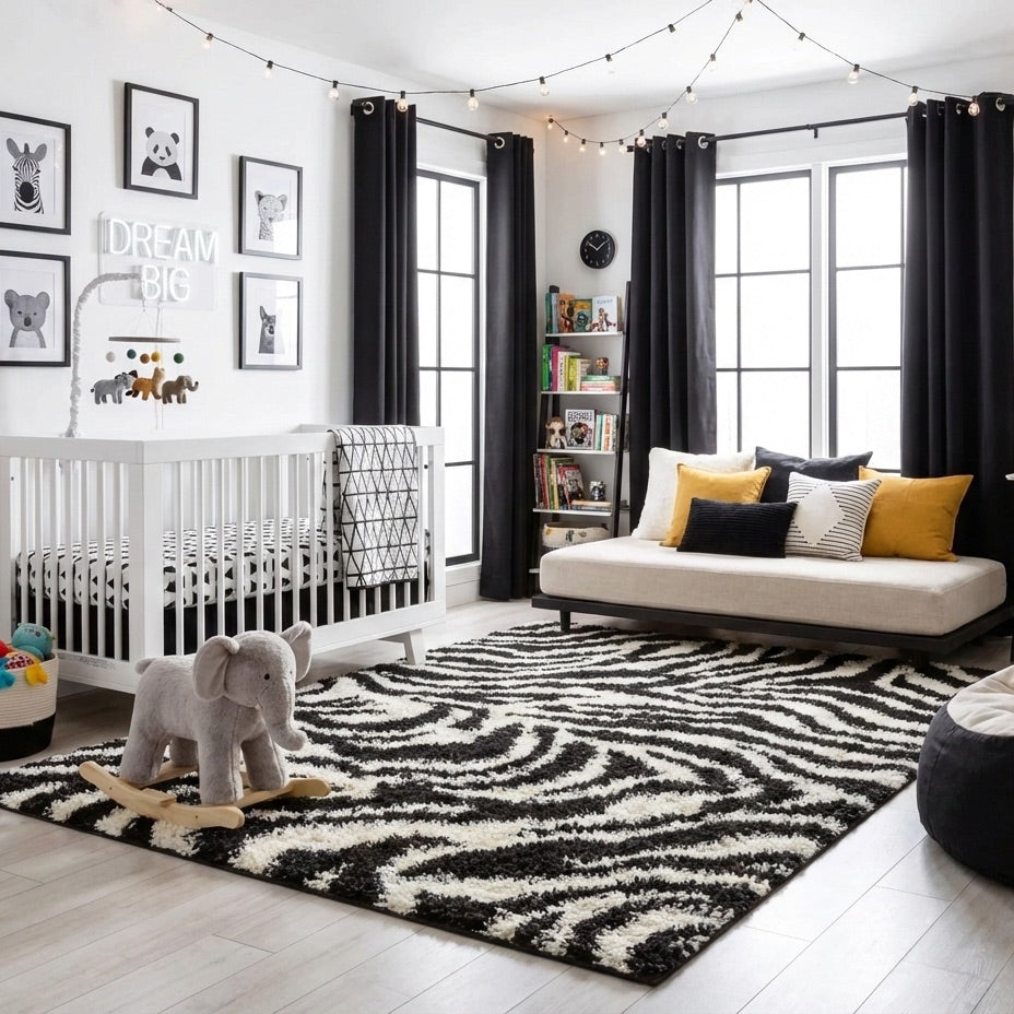 Safari Zebra Black Contemporary Shag Rug 7033