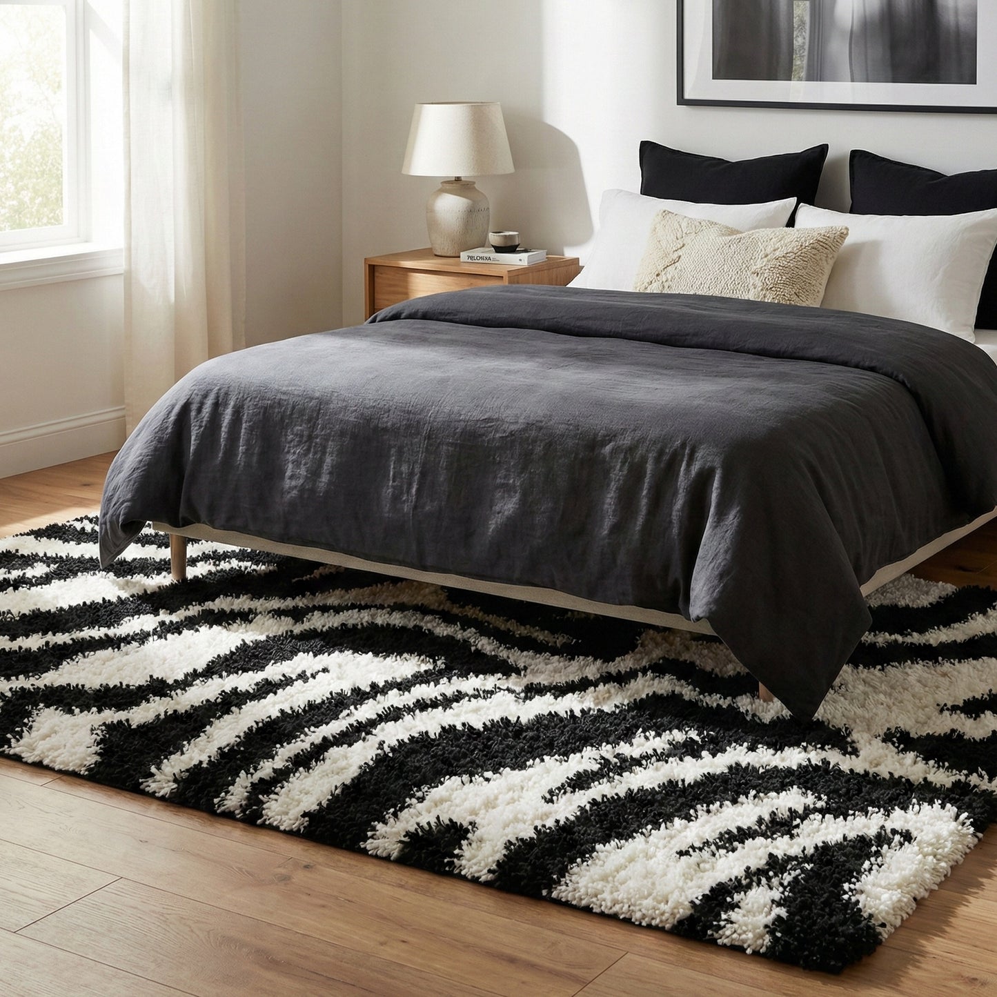 Safari Zebra Black Contemporary Shag Rug 7033
