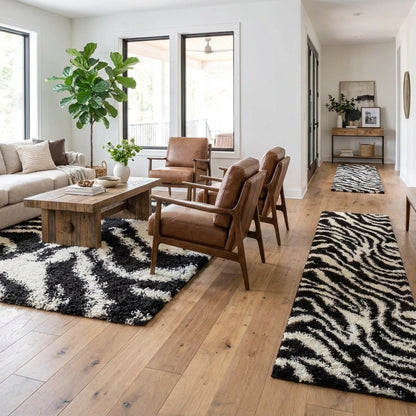Safari Zebra Black Contemporary Shag Rug 7033