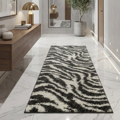 Safari Zebra Black Contemporary Shag Rug 7033