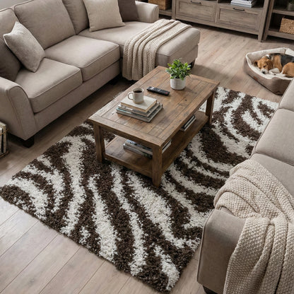 Safari Zebra Brown Contemporary Shag Rug 7038