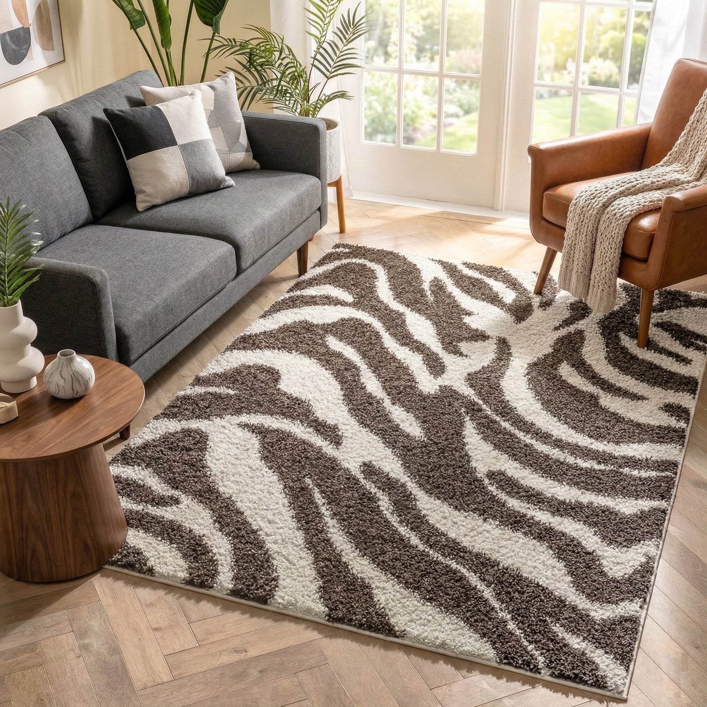 Safari Zebra Brown Contemporary Shag Rug 7038