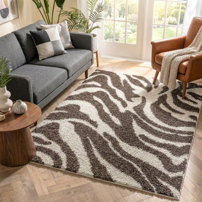 Safari Zebra Brown Contemporary Shag Rug 7038