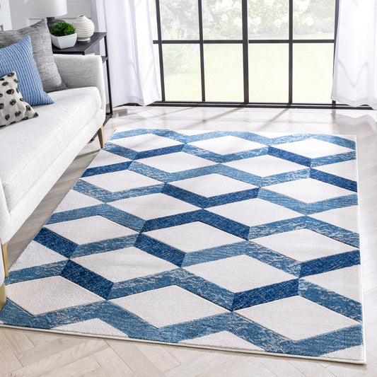Millie Blue Modern Zigzag Geometric 3D Textured Rug GV-14