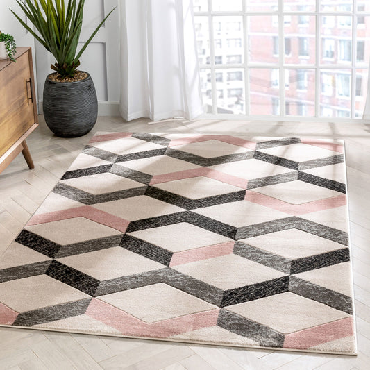 Millie Blush Pink Modern Zigzag Geometric 3D Textured Rug GV-17