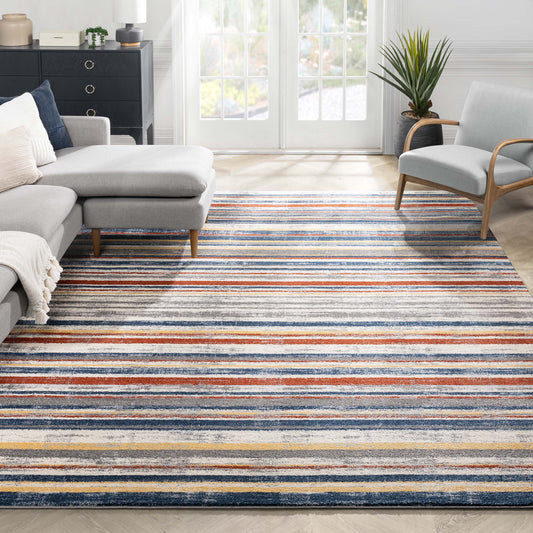 Thar Modern Stripes Ivory Multi High-Low Rug LEO-52