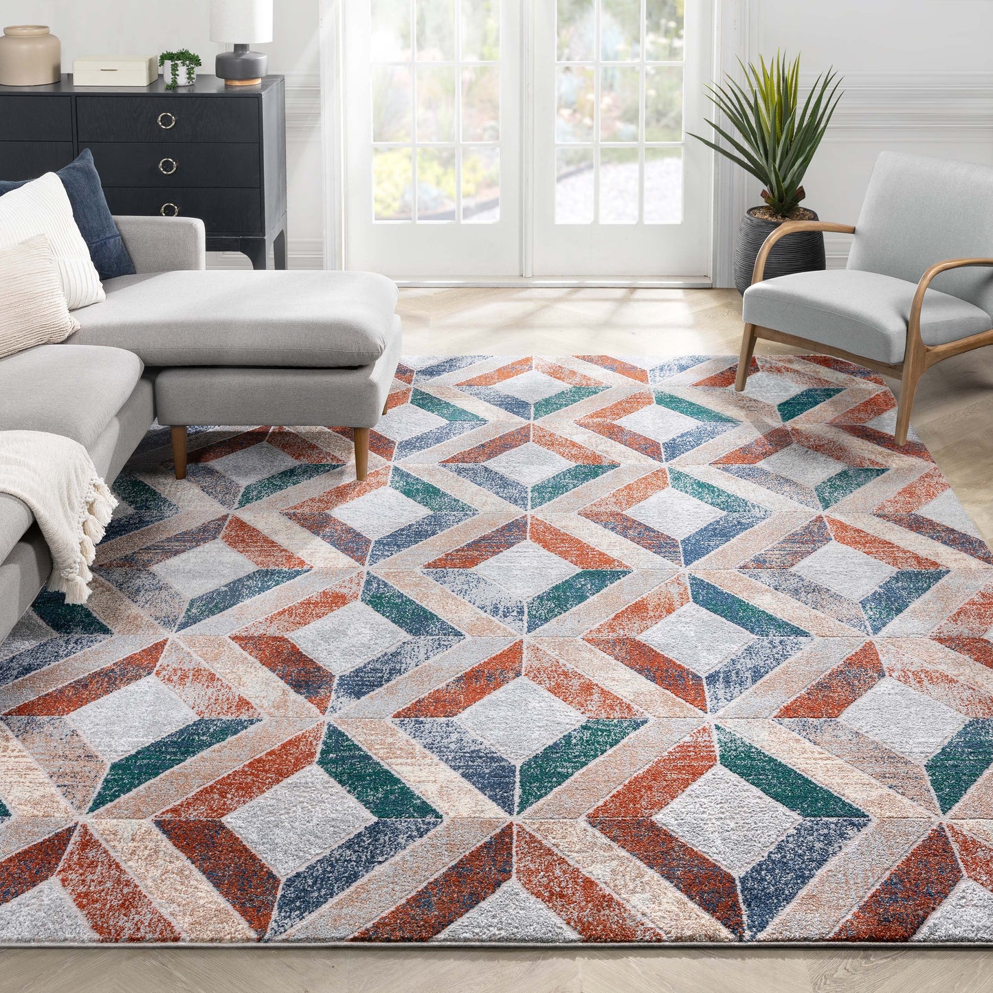 Chihua Geometric Blue Multi High-Low Rug LEO-74