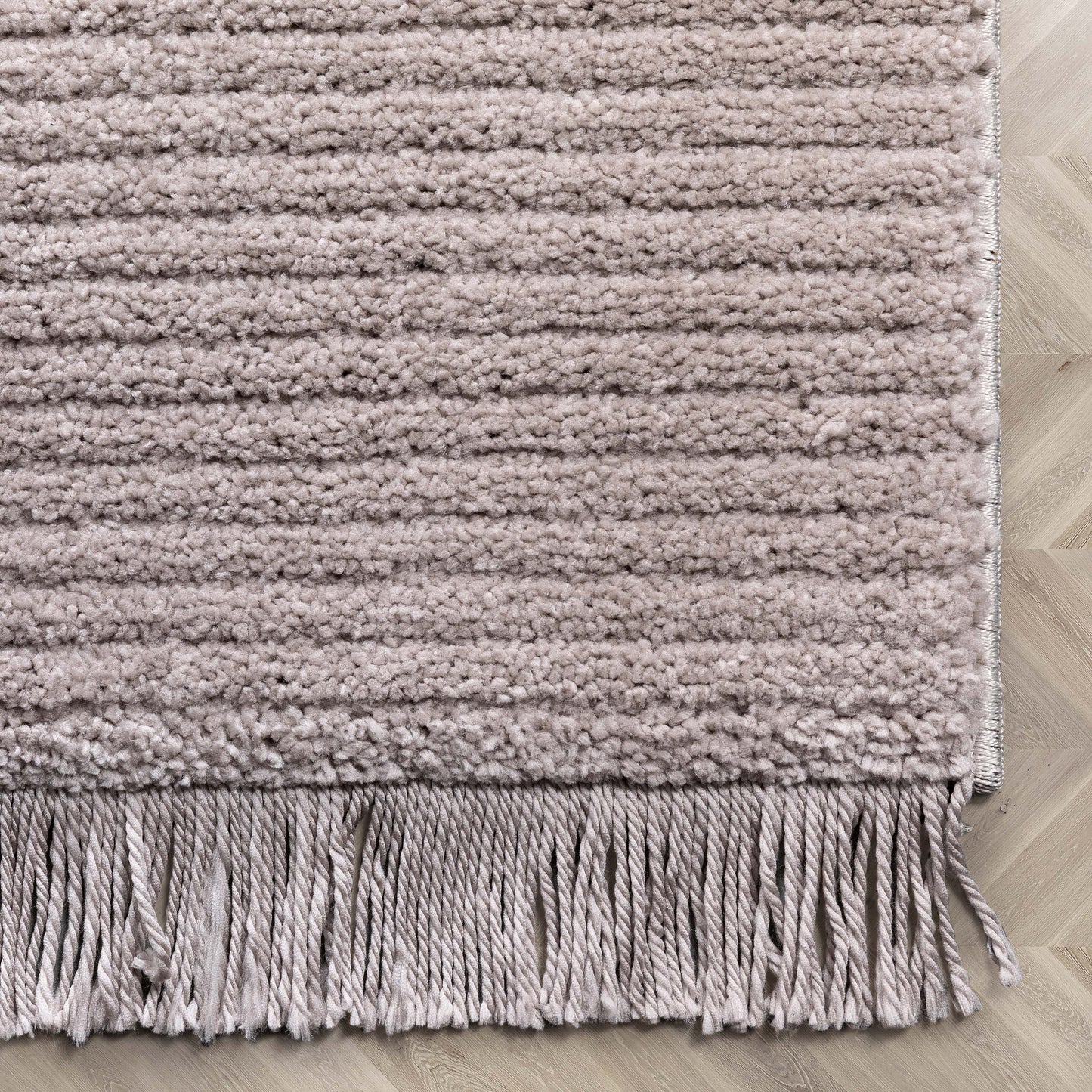 Carlow Solid & Striped Textured Taupe Ivory Ultra Soft High-Low Shag Rug MAI-22