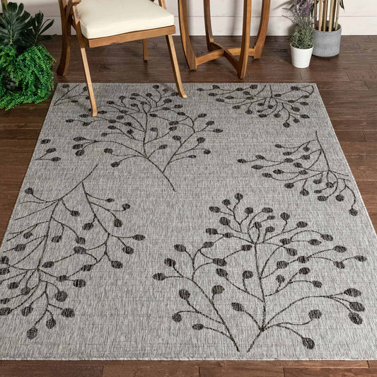 Sprite Floral Indoor Outdoor Grey Ivory Flatweave Rug MED-07