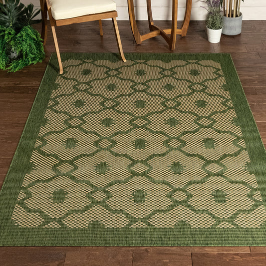 Sol Lattice Trellis Indoor Outdoor Green Flatweave Rug MED-105
