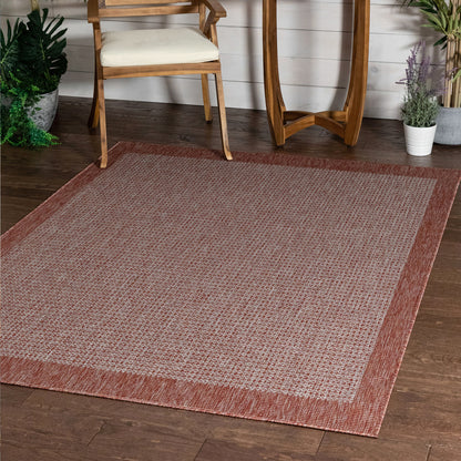 Odin Solid & Striped Border Indoor Outdoor Coral Flatweave Rug MED-30