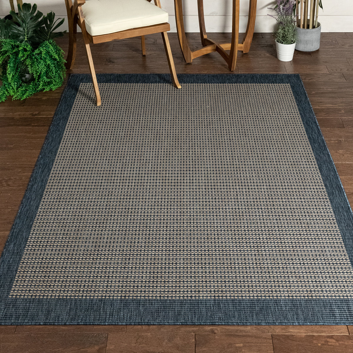 Odin Solid & Striped Border Indoor Outdoor Blue Flatweave Rug MED-34