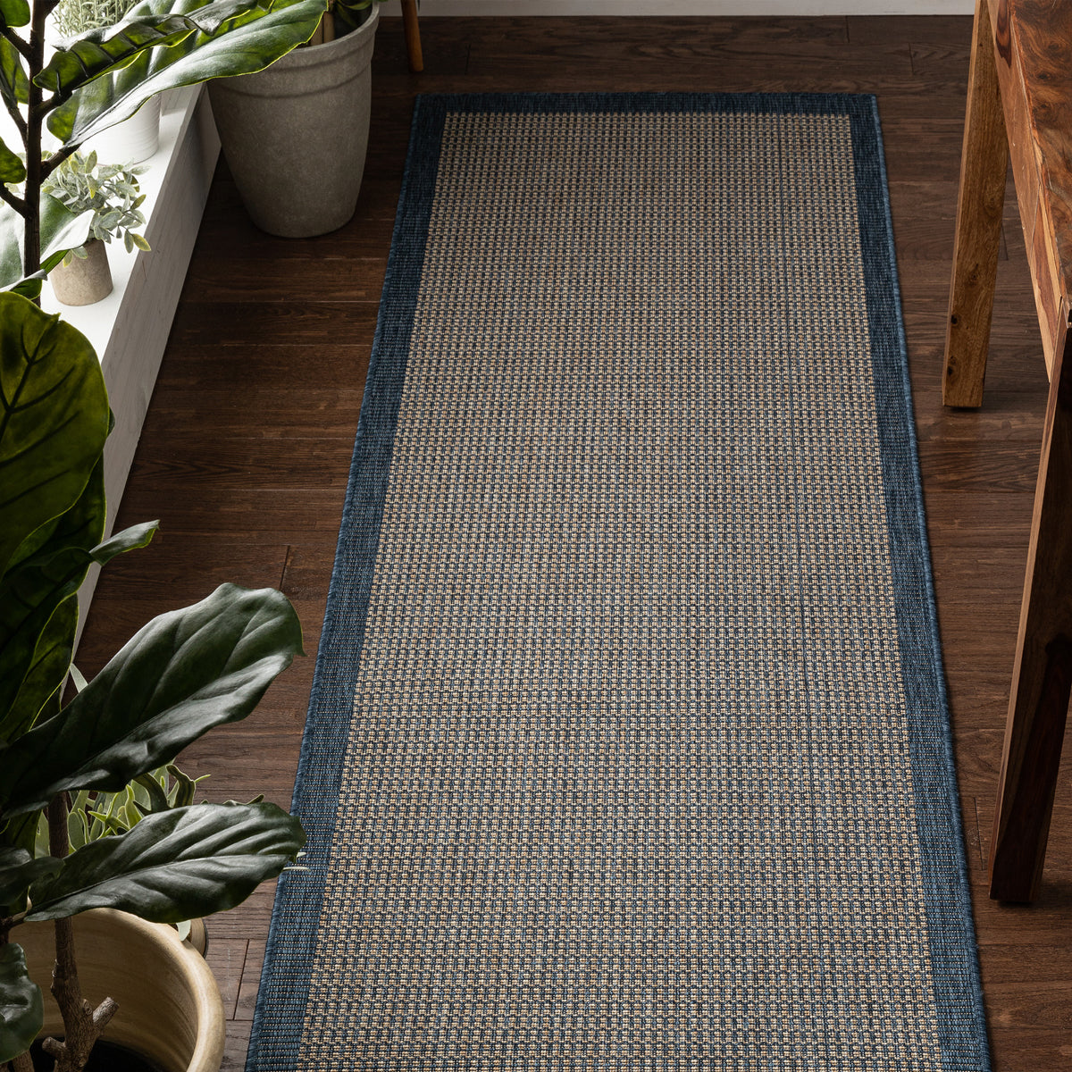 Odin Solid & Striped Border Indoor Outdoor Blue Flatweave Rug MED-34