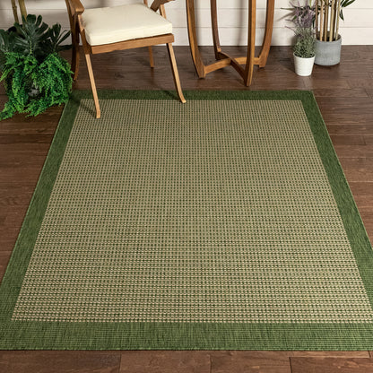 Odin Solid & Striped Border Indoor Outdoor Green Flatweave Rug MED-35