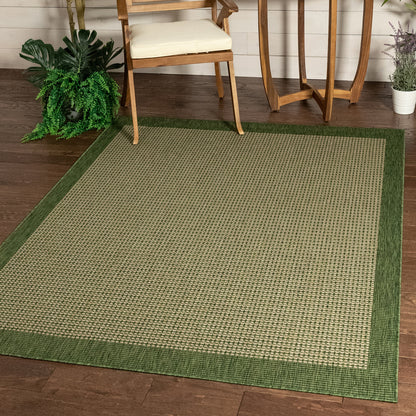 Odin Solid & Striped Border Indoor Outdoor Green Flatweave Rug MED-35