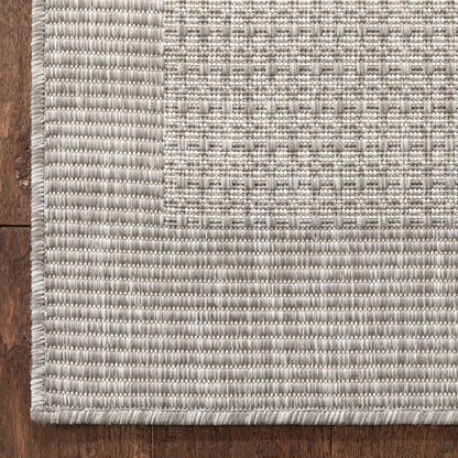 Odin Solid & Striped Border Indoor Outdoor Grey Ivory Flatweave Rug MED-37