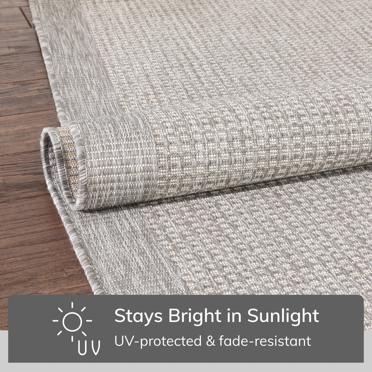 Odin Solid & Striped Border Indoor Outdoor Grey Ivory Flatweave Rug MED-37