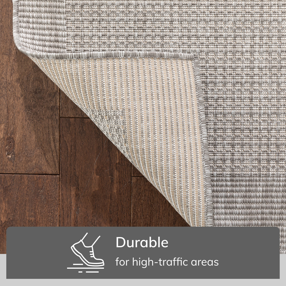 Odin Solid & Striped Border Indoor Outdoor Grey Ivory Flatweave Rug MED-37