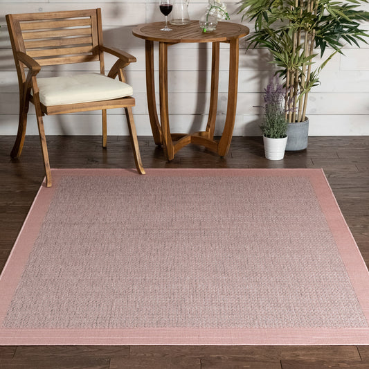 Odin Solid & Striped Border Indoor Outdoor Blush Flatweave Rug MED-39