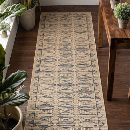 Vidar Trellis Diamond Pattern Indoor Outdoor Blue Beige Flatweave Rug MED-44