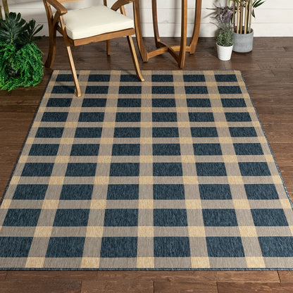 Freya Plaid Indoor Outdoor Blue Flatweave Rug MED-74