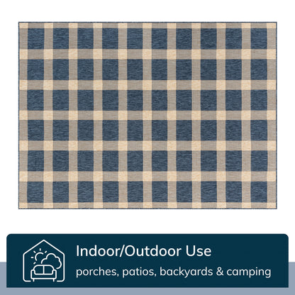 Freya Plaid Indoor Outdoor Blue Flatweave Rug MED-74