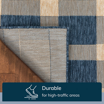 Freya Plaid Indoor Outdoor Blue Flatweave Rug MED-74