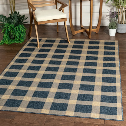 Freya Plaid Indoor Outdoor Blue Flatweave Rug MED-74