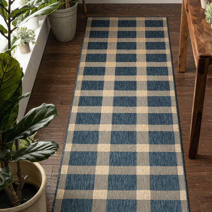 Freya Plaid Indoor Outdoor Blue Flatweave Rug MED-74