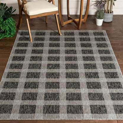 Freya Plaid Indoor Outdoor Grey Flatweave Rug MED-77