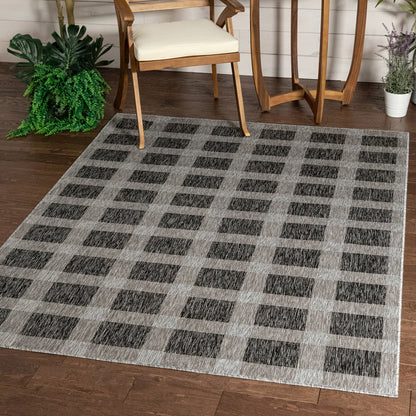 Freya Plaid Indoor Outdoor Grey Flatweave Rug MED-77