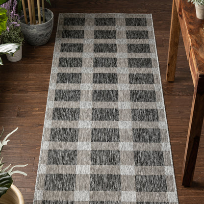 Freya Plaid Indoor Outdoor Grey Flatweave Rug MED-77