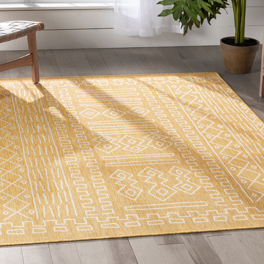 Anza Tribal Geometric Pattern Yellow Flat-Weave Indoor/Outdoor Rug MIL-21